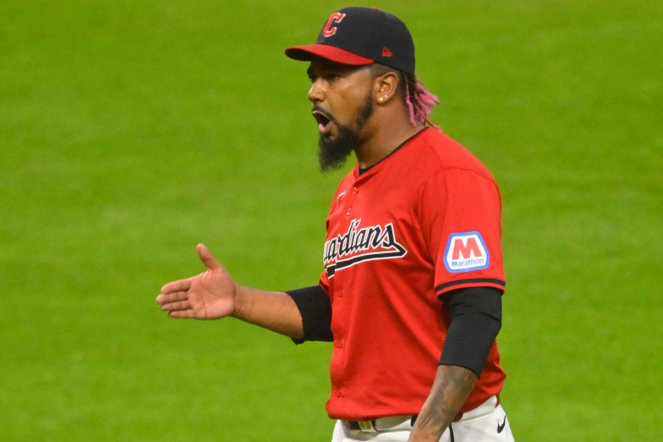 Guardians closer Emmanuel Clase celebrates a win over the Detroit Tigers, July 24, 2024, in Cleveland.