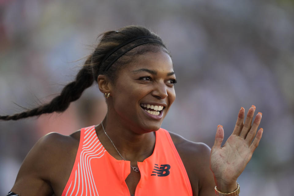 FILE - Gabby Thomas reacts after winning the women's 200 meters final during the U.S. track and field championships in Eugene, Ore., Sunday, July 9, 2023. (AP Photo/Ashley Landis, File)