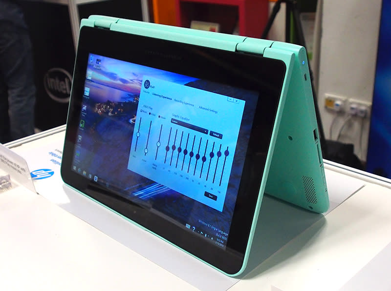 The Pavilion x360 is a 2-in-1 hybrid notebook that can be positioned in many ways. The color you see here is Minty Green.