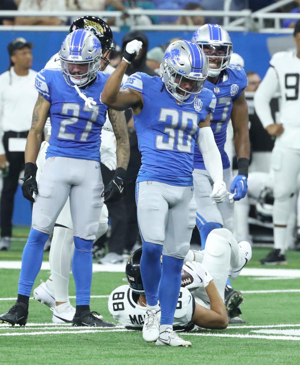 Detroit Lions cornerback Khalil Dorsey (30) reacts after a stop against Jacksonville Jaguars wide receiver Oliver Martin (88) during second half action Saturday, August 19, 2023.