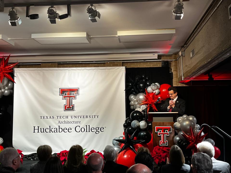 Texas Tech President Lawrence Schovanec announcing the new name of the architecture college as the Huckabee College of Architecture, named in honor of Tommie J. Huckabee a former student.