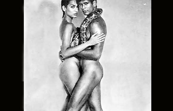 Way back in 1995, a steamy print ad for Tuff Shoes - which featured Madhu and Milind in the buff except for a pair of shoes each and a python - landed both in a sticky situation! © Tuff Shoes