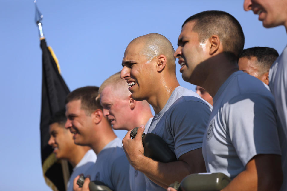 <p>U.S. Border Patrol trainees sweat during a physical training class at the U.S. Border Patrol Academy on August 3, 2017 in Artesia, N.M. (Photo: John Moore/Getty Images) </p>