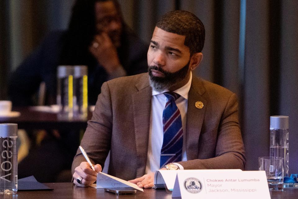 Chokwe Antar Lumumba, mayor of Jackson, Mississippi, listens to a speaker during the Black Mayors’ Coalition on Crime forum in Memphis, Tenn., on Thursday, March 28, 2024.