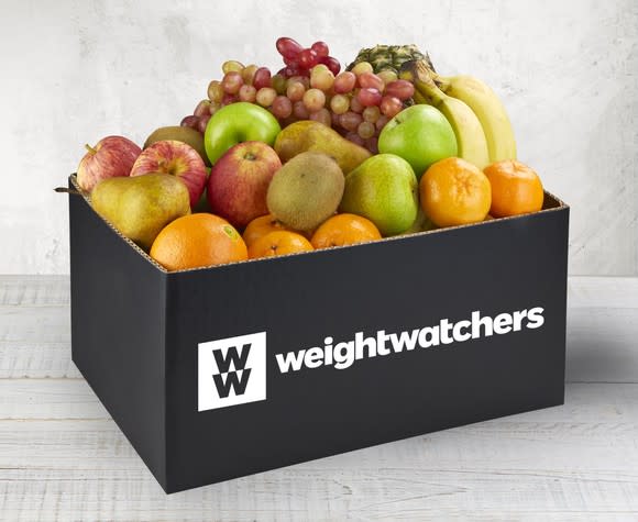 Box of fruit labeled with the Weight Watchers logo