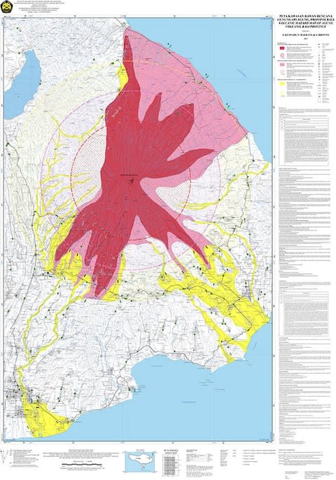 Areas at risk around Mount Agung