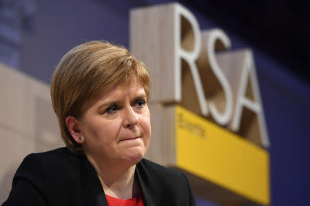 FILE PHOTO: Scotland's First Minister Nicola Sturgeon speaks at the Royal Society of Arts in London, Britain October 15, 2018. Stefan Rousseau/Pool via REUTERS
