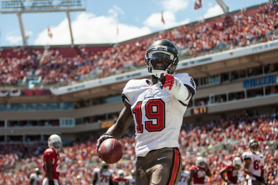Tampa Bay Buccaneers wide receiver Mike Williams (19) reacts after scoring a touchdown against the Arizona Cardinals in 2013 at Raymond James Stadium.