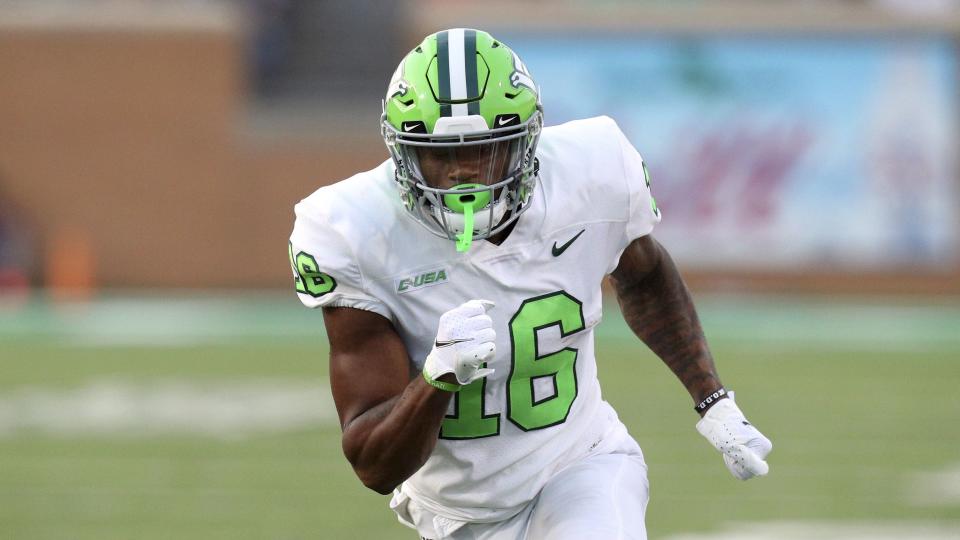 North Texas wide receiver Jyaire Shorter (16) runs down the field against Northwestern State during an NCAA football game on Saturday, Sept. 4, 2021 in Denton, Texas. | Richard W.Rodriguez, Associated Press
