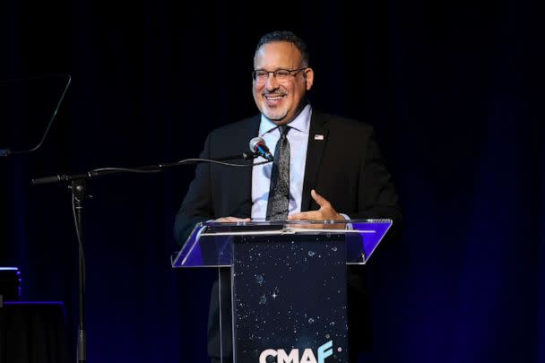 PHOTO: Secretary of Education, Miguel Cardona speaks during the 2022 CMA Foundation Music Teachers Of Excellence Awards Hosted By Kix Brooks at Marathon Music Works, Oct. 19, 2022 in Nashville. (Jason Kempin/Getty Images, FILE)