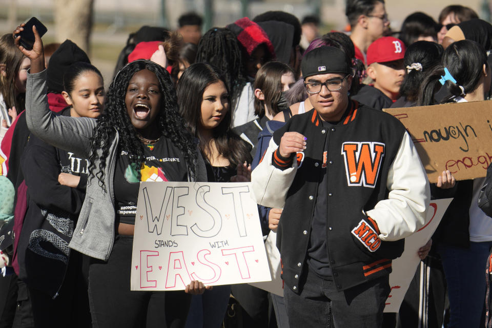 West High School students join with students from East High School to call for gun control measures to be considered by state lawmakers Thursday, March 23, 2023, during a rally outside the State Capitol in Denver. A shooting left two administrators injured at East High School on Wednesday, one of a series of gun-related events at the school in the past six weeks. (AP Photo/David Zalubowski)