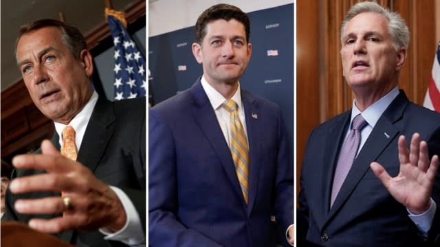Combination photo shows former House speakers John Boehner, Paul Ryan and Kevin McCarthy.