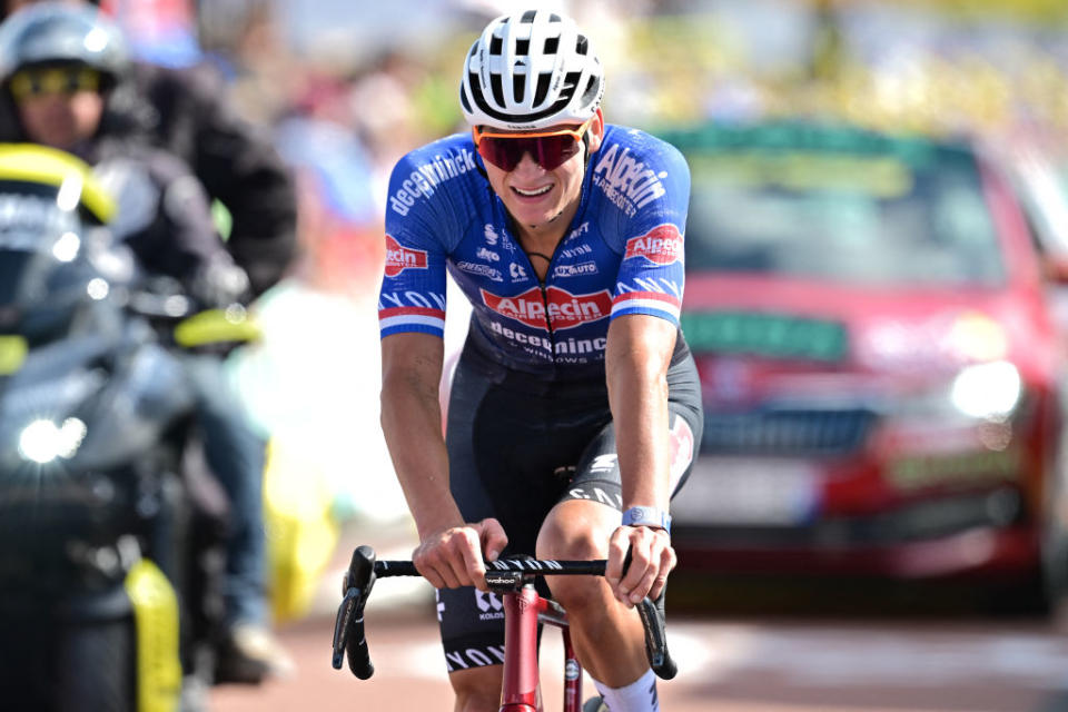 Alpecin-Deceuninck's Dutch rider Mathieu Van Der Poel cycles to the finish line of the 12th stage of the 110th edition of the Tour de France cycling race, 169 km between Roanne and Belleville-en-Beaujolais, in central-eastern France, on July 13, 2023. (Photo by Marco BERTORELLO / AFP)