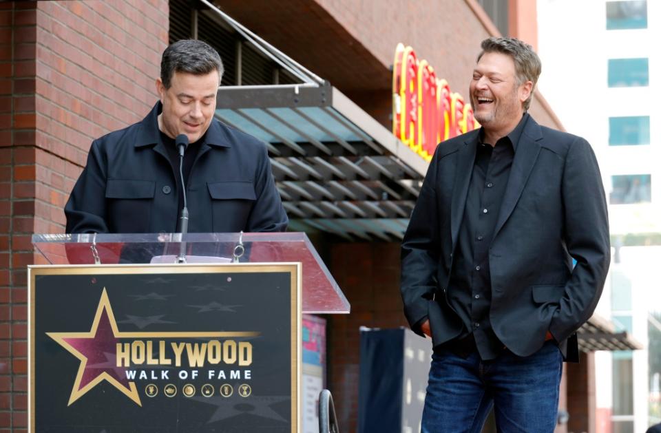 HOLLYWOOD, CALIFORNIA - MAY 12: (L-R) Carson Daly and Blake Shelton speak on stage at Blake Shelton's Star Ceremony on The Hollywood Walk Of Fame on May 12, 2023 in Hollywood, California. (Photo by Frazer Harrison/Getty Images)