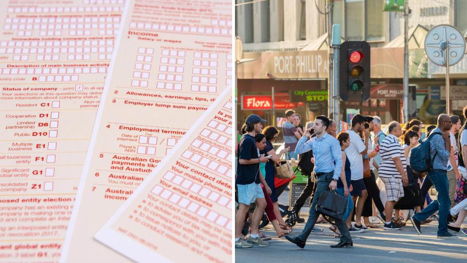 Composite image of tax forms and pedestrians crossing a busy street.