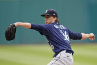 Seattle Mariners starting pitcher Logan Gilbert delivers in the first inning of a baseball game against the Cleveland Indians, Sunday, June 13, 2021, in Cleveland. (AP Photo/Tony Dejak)