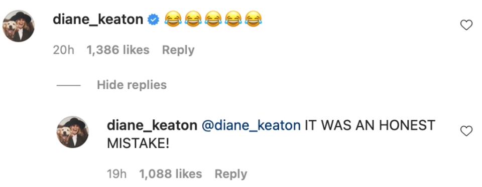 Diane Keaton says mix-up was an ‘honest mistake’ (Instagram)