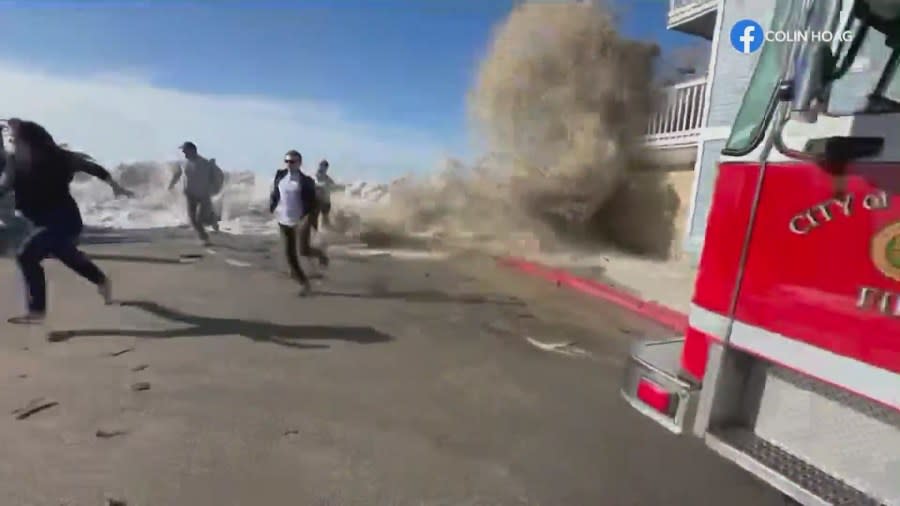 Video captured the moment beachgoers were slammed into by a massive rogue wave in Ventura County on Dec. 28, 2023, sending nine people to the hospital. (Colin Hoag)