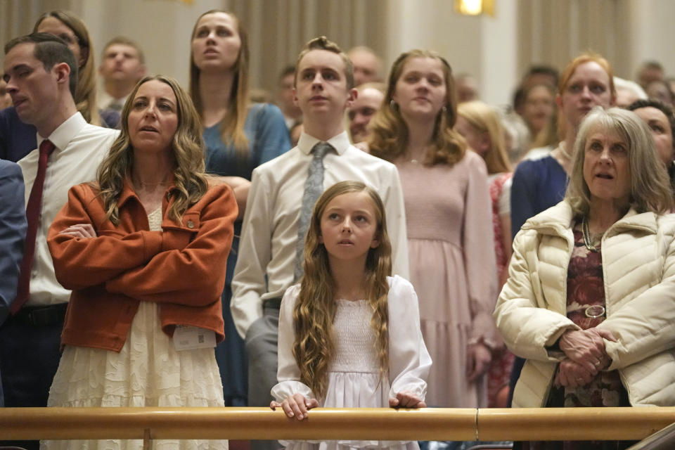 People attend the twice-annual conference of the Church of Jesus Christ of Latter-day Saints Sunday, April 7, 2024, in Salt Lake City. (AP Photo/Rick Bowmer)