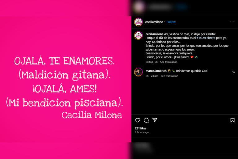 La publicación de Cecilia Milone por el Día de los Enamorados (Foto Instagram @ceciliamilone)
