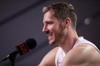 Toronto Raptors' Goran Dragic speaks to media at Scotiabank Arena during the NBA basketball team's Media Day in Toronto, Monday, Sept. 27, 2021. (Cole Burston/The Canadian Press via AP)