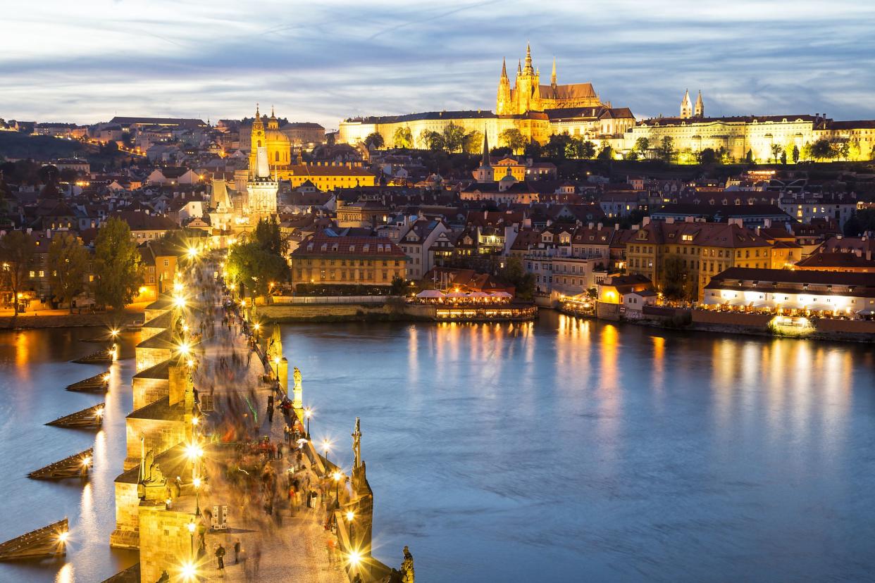 Charles Bridge, River Vltava and Castle District Illuminated at Night, Prague