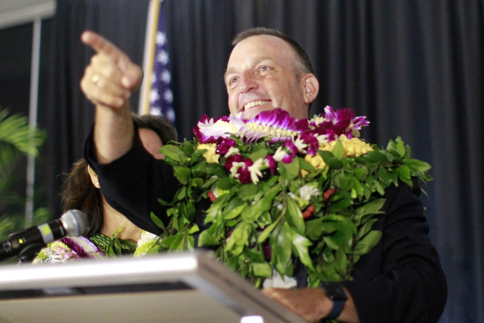 Democratic gubernatorial candidate Josh Green speaks at his campaign headquarters inside the Modern Hotel on Saturday, Aug. 13, 2022, in Honolulu. Lt. Gov. Green is the Democratic Party’s candidate to be Hawaii’s next governor. Green defeated U.S. Rep. Kaiali’i Kahele and former Hawaii first lady Vicky Cayetano in Saturday’s primary election. (Jamm Aquino/Honolulu Star-Advertiser via AP)