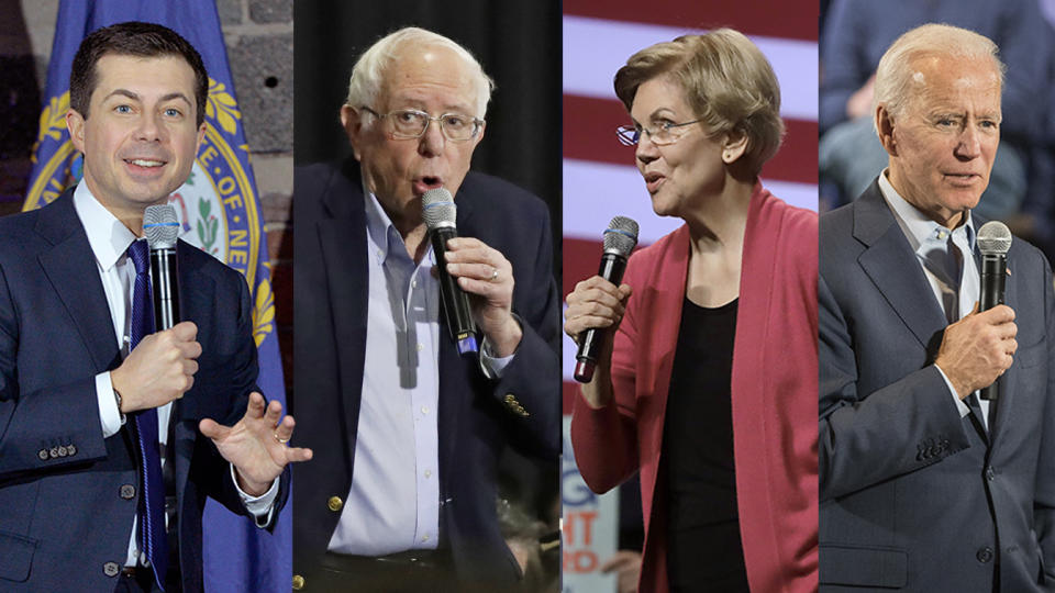 Pete Buttigieg, Bernie Sanders, Elizabeth Warren and Joe Biden campaigning in New Hampshire. (Joseph Prezioso/AFP via Getty Images, Elizabeth Frantz/Reuters, Steven Senne/AP, Scott Eisen/Getty Images)