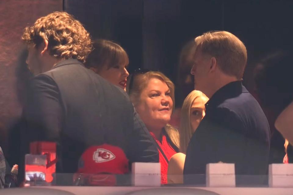 <p>CBS</p> Taylor Swift talking to NFL Commissioner Roger Goodell at the Super Bowl in Las Vegas on Feb. 11, 2024