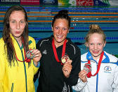 Gold medallist Sophie Pascoe of New Zealand poses with silver medallist Madeleine Scott of Australia and bronze medallist Erraid Davies of Scotland.