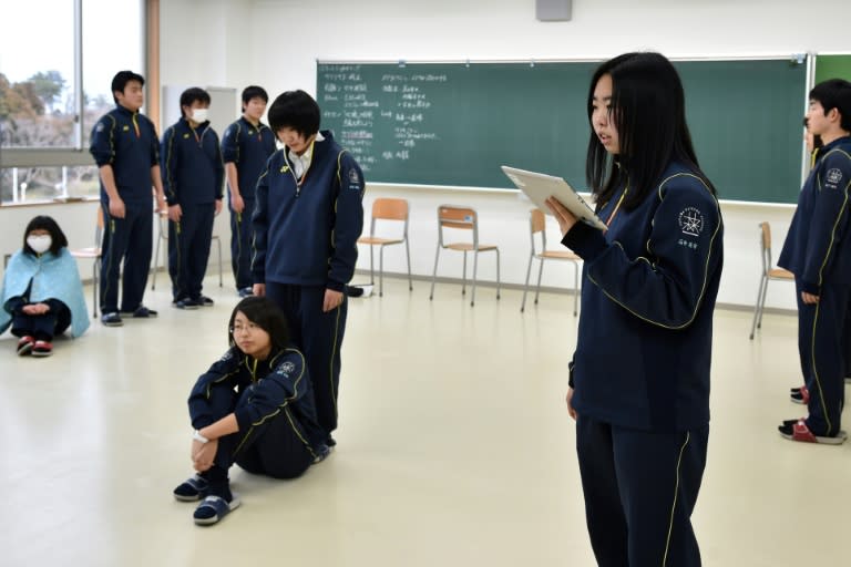 Students from Fukushima rehearse a play dealing with the stigma they met as evacuees from the tsunami disaster that triggered a nuclear panic