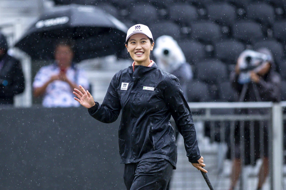 Xi Yu Lin of China celebrates after winning the playoff on day three of the aramco Team Series at Hong Kong Golf Club on October 8, 2023 in Hong Kong, China. (Photo by Yu Chun Christopher Wong/Eurasia Sport Images/Getty Images)