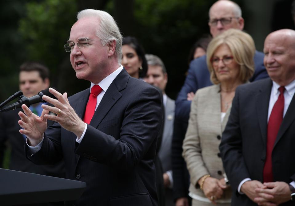 Secretary of HHS Tom Price (left) and House majority leader Kevin Brady (right) celebrate the AHCA passing the House. Source: Getty