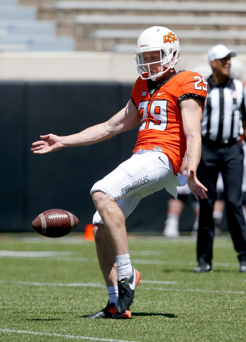 Oklahoma State punter Tom Hutton (29) doesn't have the most gaudy average, but he easily led the Big 12 last season in punts fair caught and punts inside the opponents' 20-yard line. That helped the Cowboys rank second in the FBS in fewest punt-return yards allowed.