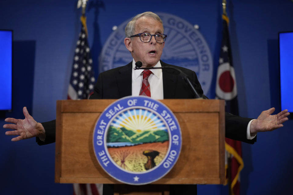 Ohio Gov. Mike DeWine speaks during a news conference, Friday, Dec. 29, 2023, in Columbus, Ohio. DeWine vetoed a measure Friday that would have banned gender-affirming care for minors and transgender athletes’ participation in girls and women’s sports, in a break from members of his party who championed the legislation. (AP Photo/Carolyn Kaster)