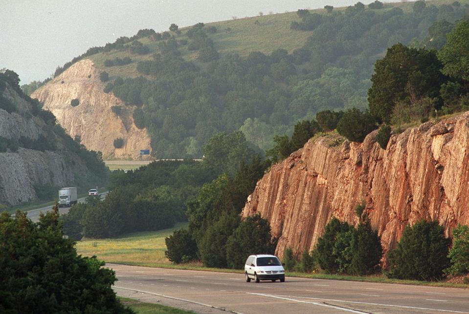 Traffic flows through the Arbuckle Mountains on Interstate 35 south of Davis. The highway was opened in the early 1970's.