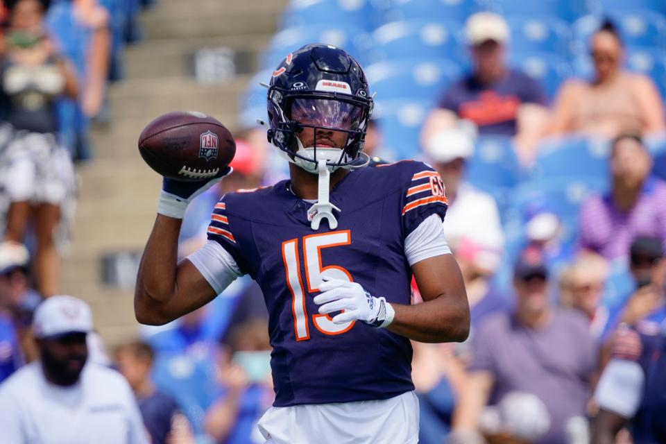 Aug 10, 2024; Orchard Park, New York, USA; Chicago Bears wide receiver Rome Odunze (15) warms up prior to the game against the Chicago Bears at Highmark Stadium. Mandatory Credit: Gregory Fisher-USA TODAY Sports