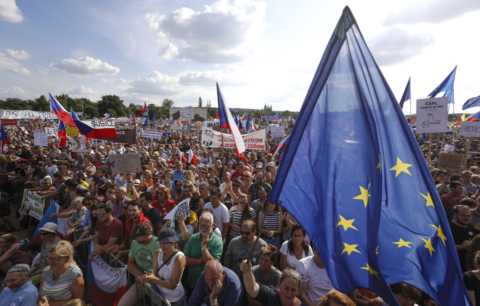 Czech protest demanding the resignation of the Czech Prime Minister Andrej Babis in Prague, Czech Republic, Sunday, June 23, 2019. Protesters are calling on Czech Prime Minister Andrej Babis to step down over fraud allegations and subsidies paid to his former companies. (AP Photo/Petr David Josek)