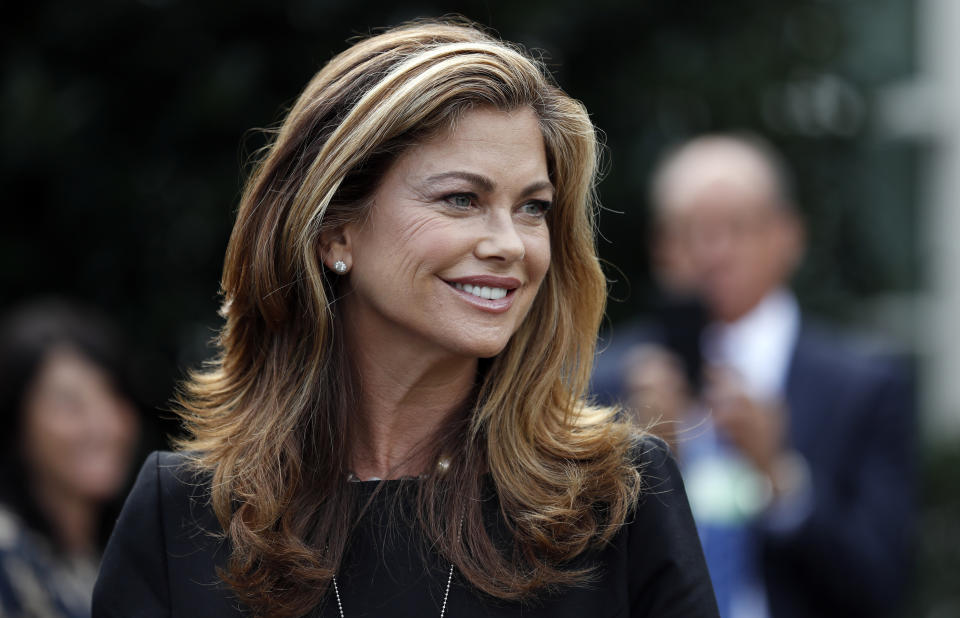 Model Kathy Ireland, and other pro-life advocates, pauses after speaking with the media after a meeting with officials of the Trump administration at the White House, Thursday, Sept. 14, 2017, in Washington. (AP Photo/Alex Brandon)