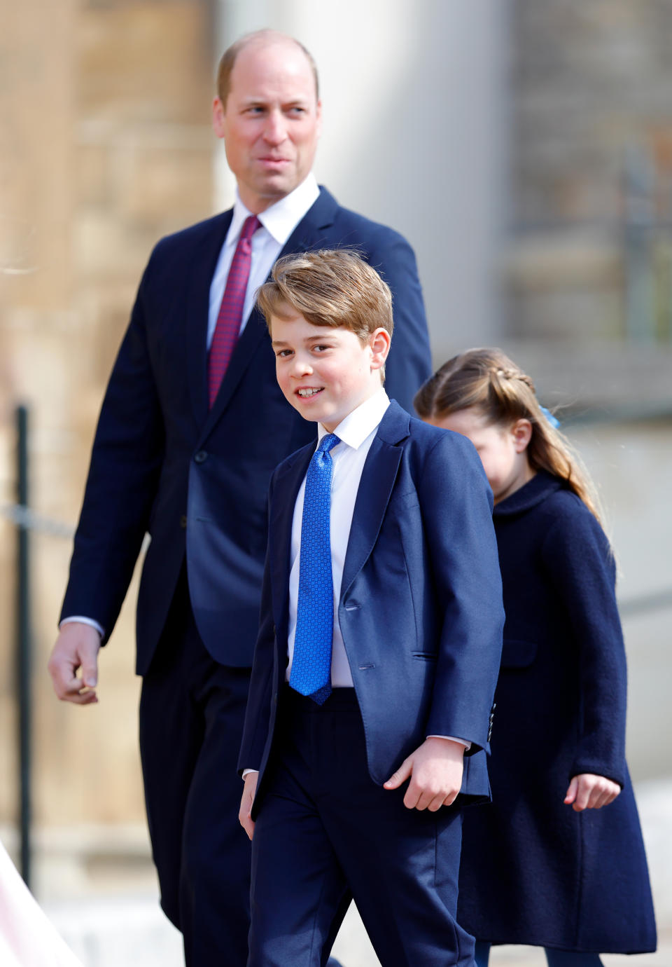 WINDSOR, UNITED KINGDOM - APRIL 09: (EMBARGOED FOR PUBLICATION IN UK NEWSPAPERS UNTIL 24 HOURS AFTER CREATE DATE AND TIME) Prince William, Prince of Wales, Prince George of Wales and Princess Charlotte of Wales attend the traditional Easter Sunday Mattins Service at St George's Chapel, Windsor Castle on April 9, 2023 in Windsor, England. (Photo by Max Mumby/Indigo/Getty Images)