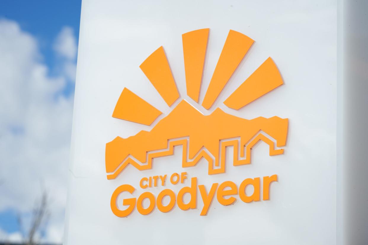 A city of Goodyear logo is shown on the side of a directory in Goodyear civic square on Feb. 19, 2023.