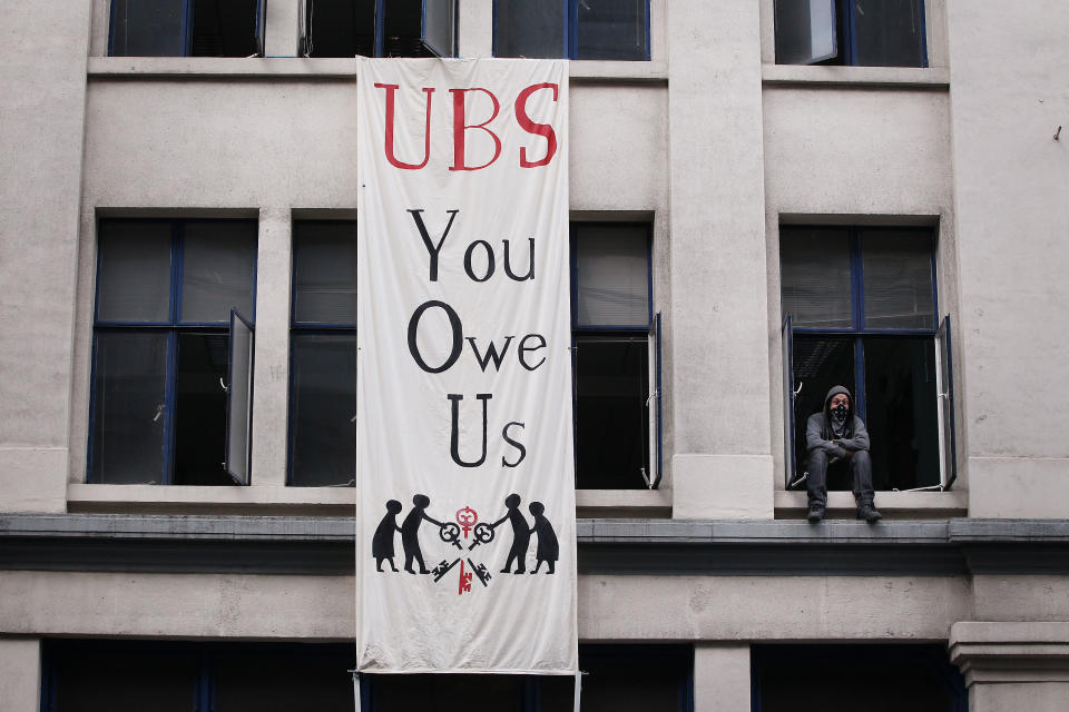 Protestors Occupy An Empty Office Block Owned By UBS In Central London