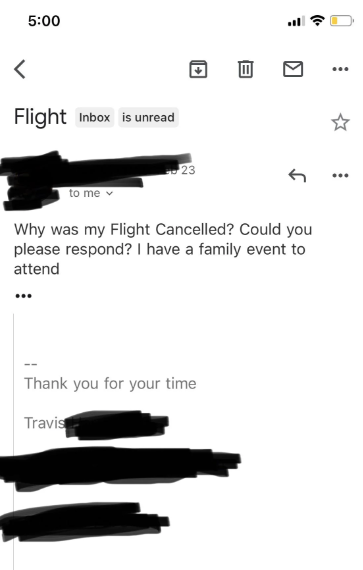 Email screenshot expressing concern about a possibly cancelled flight, seeking urgent response due to a family event. Sender's details redacted