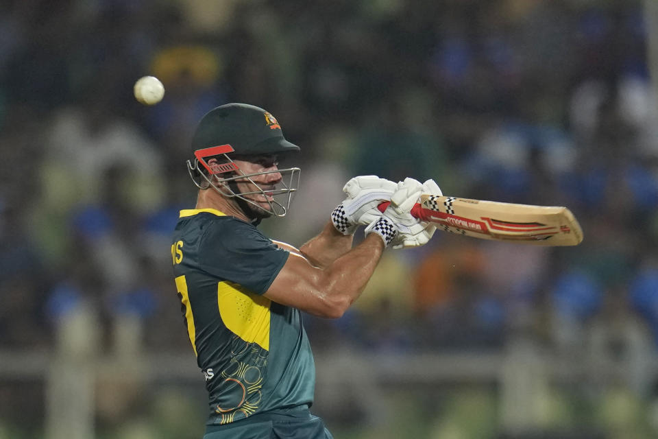 Australia's Marcus Stoinis bats during the second T20 cricket match between India and Australia in Thiruvananthapuram, India, Sunday, Nov. 26, 2023. (AP Photo/Aijaz Rahi)