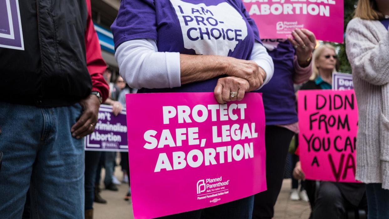 PHOTO: An activist seen holding a placard that says protect safe, legal abortion during the protest in Dayton, Ohio, May 19, 2019. (Sopa Images/Getty Images, FILE)