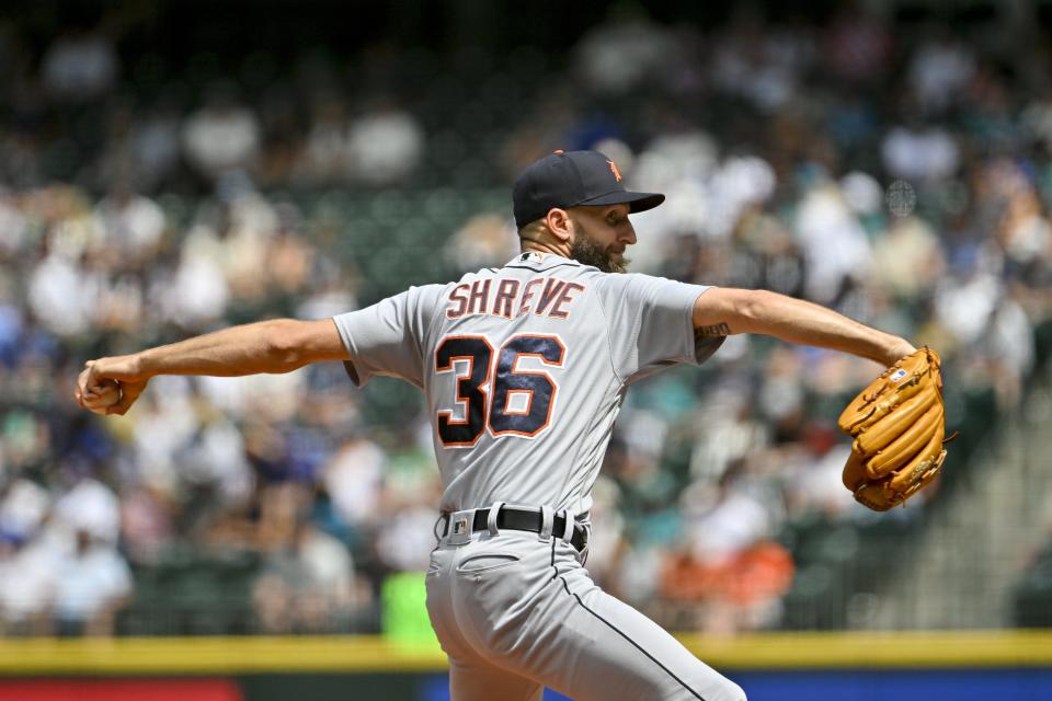 Chasen Shreve of the Detroit Tigers pitches in the sixth inning against the Seattle Mariners at T-Mobile Park on July 16, 2023 in Seattle, Washington.
