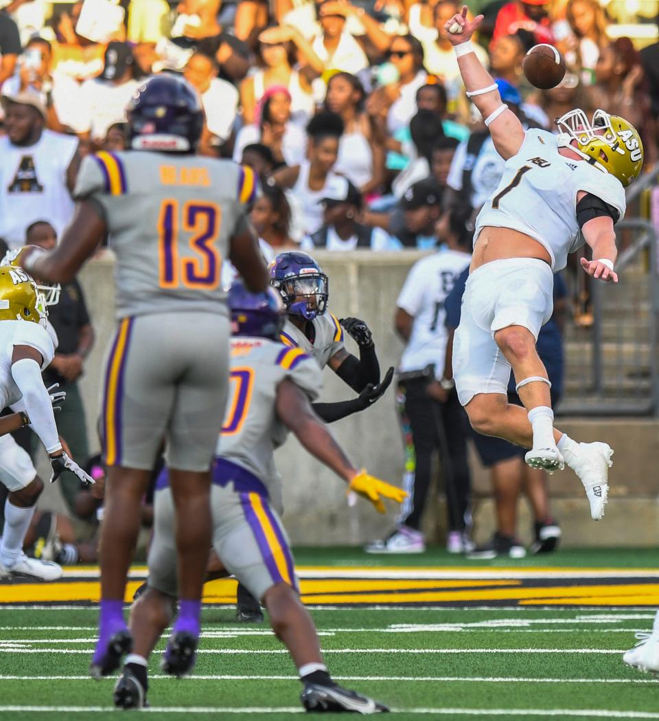 Alabama State linebacker Colton Adams (1) breaks up a pass against Miles College during their game at Hornet Stadium in Montgomery, Ala., on Saturday September 3, 2022.