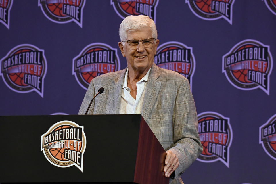 Basketball Hall of Fame Class of 2022 inductee Del Harris speaks at a news conference at Mohegan Sun, Friday, Sept. 9, 2022, in Uncasville, Conn. (AP Photo/Jessica Hill)