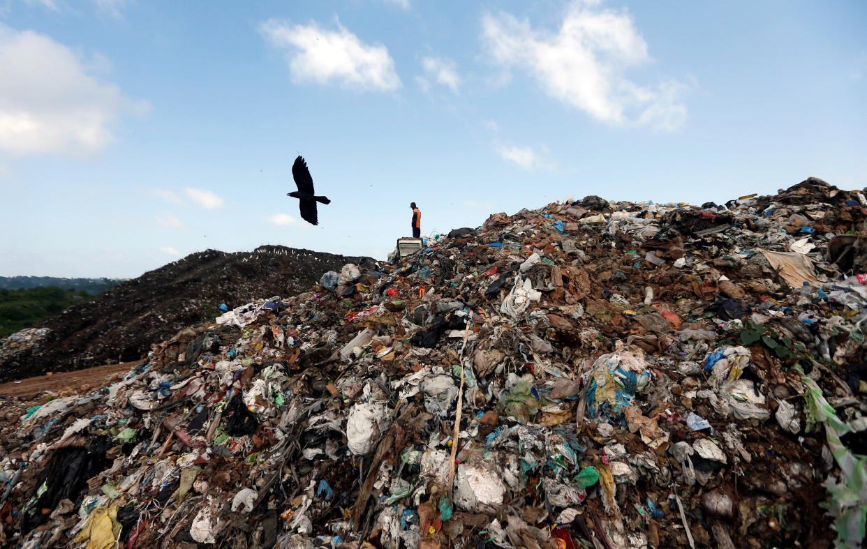 A man collects plastic for recycling in a garbage dump in Colombo, Sri Lanka June 9, 2017. REUTERS/Dinuka Liyanawatte