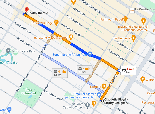 <p>ABC</p> Actual distance from Claudette to the Rialto theater